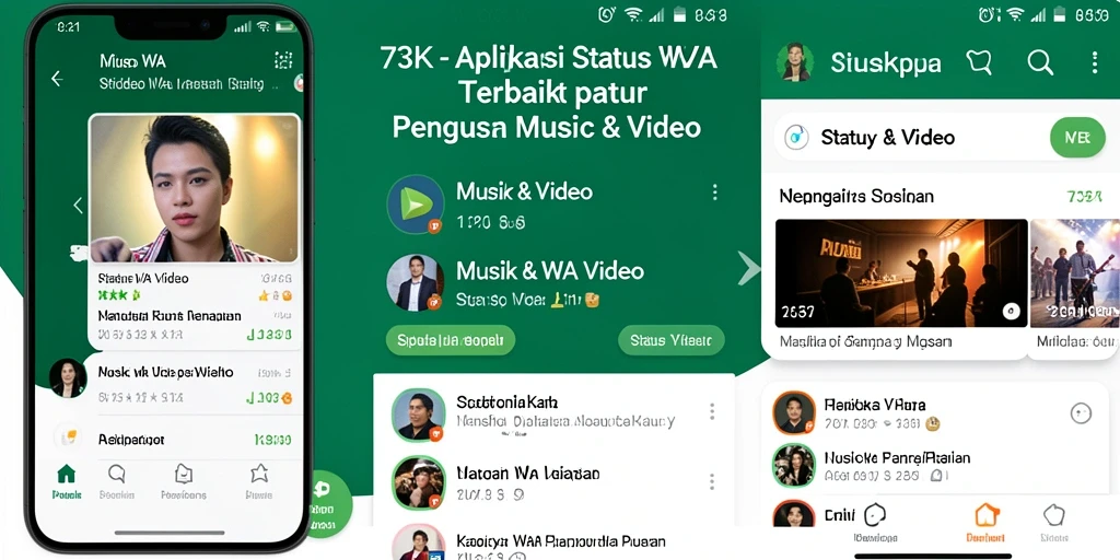 Tampilan antarmuka aplikasi 73K dengan berbagai pilihan video Status WA.